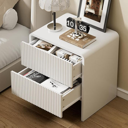 Furniway Set of 2 Modern Curved Nightstand with 2 Drawers, Push-to-Open Wooden Bedside Table, Minimalist End Table for Bedroom, White