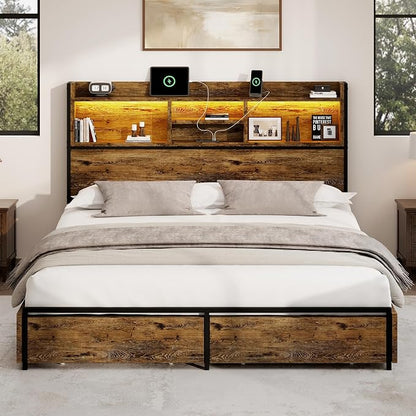 BRELTAM Queen Storage Bed Frame with 6 Drawers, USB Charging Station, No Noise, No Box Spring Required, Vintage Brown Headboard Platform Bed