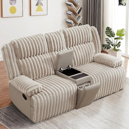 Oversized Reclining Loveseat with Hidden Cup Holders & Wireless Charger, Manual Double Recliner Sofa, Wall Hugger Loveseat Recliner with USB Ports for Living Room (Beige, Loveseat)