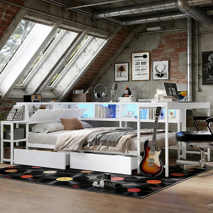 Bellemave Full Size Corner Bed Frame with Storage Drawers, Bookcase and Side Desk, Full Corner Bed with Light and Charging Station, Daybed for Bedroom, Living Room, Guest Room White