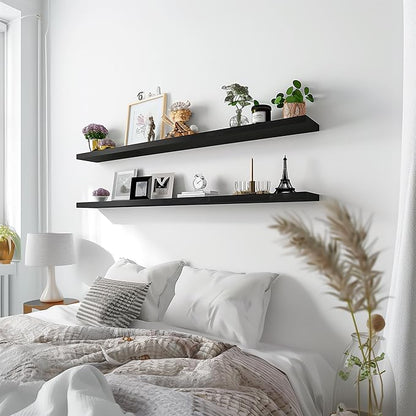 YYWUOJJ Wood Floating Shelves for Wall Decor, Rustic Wall Shelves for Bedroom Bathroom Kitchen Living Room, Set of 4 Black 48 Inch