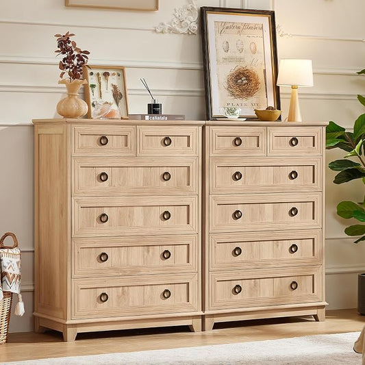 Joaxswe Farmhouse 6 Drawer Dresser for Bedroom Set of 2, 41" Tall Small Dressers & Chest of Drawers, Rustic Wood Dresser with Metal Handle, Storage Organizer Closet for Living Room, Hallway, Entryway