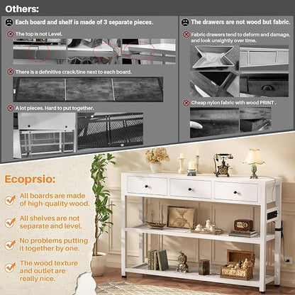 Ecoprsio 47'' Entryway Table with Outlets and USB Ports, Console Table with 3 Drawers, Sofa Table Narrow Long with Storage Shelves for Living Room, Couch, Hallway, Foyer, Kitchen Counter, White