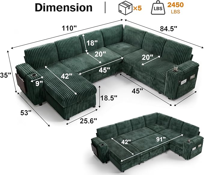 WEUP 111" Modular Sectional Sleeper Sofa with Pull Out Bed, 7 Seat Plush Corduroy L Shaped Couch with Storage Chaise|USB Ports|Cup Holders|Side Table|Storage Armrests, Tool Free Assembly, Green
