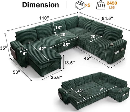 WEUP 111" Modular Sectional Sleeper Sofa with Pull Out Bed, 7 Seat Plush Corduroy L Shaped Couch with Storage Chaise|USB Ports|Cup Holders|Side Table|Storage Armrests, Tool Free Assembly, Green