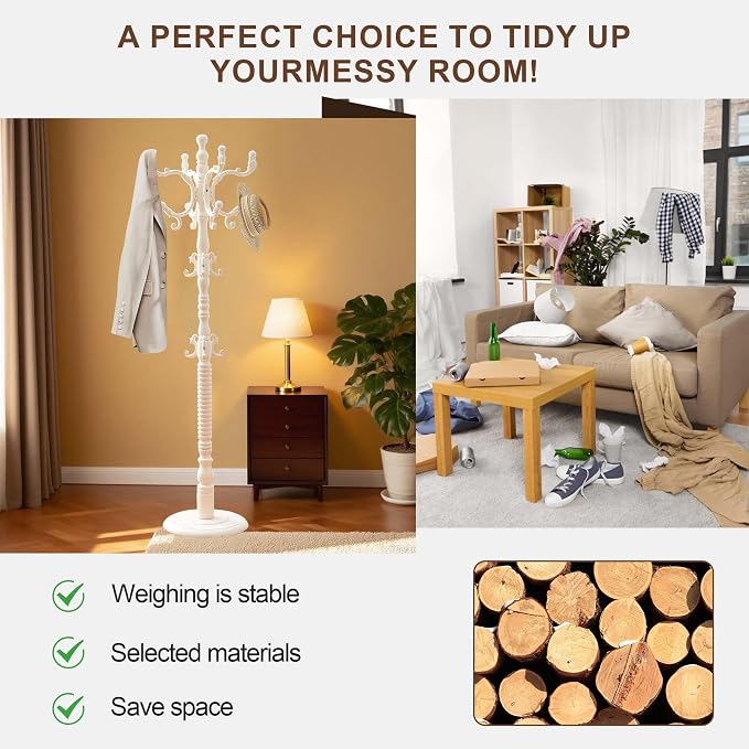 Wooden Coat Rack Freestanding with 18 Hooks, Adjustable Height Coat Tree Free Standing Heavy Duty for Entryway, Easy Assembly Solid Wood Sturdy Coat Hats Hanger Stand for Office Hallway Bedroom,White