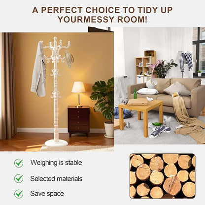 Wooden Coat Rack Freestanding with 18 Hooks, Adjustable Height Coat Tree Free Standing Heavy Duty for Entryway, Easy Assembly Solid Wood Sturdy Coat Hats Hanger Stand for Office Hallway Bedroom,White