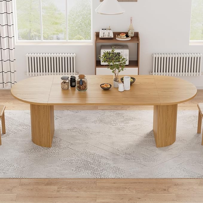 43-95 Inch Oval Extendable Dining Table for 4-10, Fluted Space Saving Round Kitchen Table with 3 Leaf, 2 Storage, Mid Century Modern Long Dining Room Dinner Table for Living Room, Oak, Natural