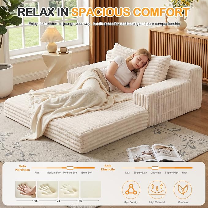 Erament Boneless Loveseat Convertible Sofa Bed, Folding Floor Futon Sleeper Sofa Couch Bed- Boneless Foldable Couch, Furry Pull Out Sofa Bed with 2 Pillows for Living Room & Bedroom