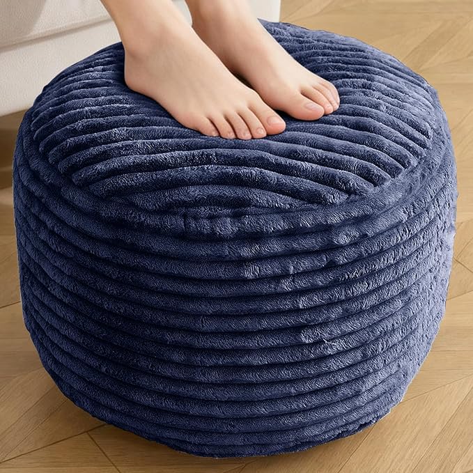 Round Ottoman,Corduroy Pouf Ottoman Foot Rest,Navy,20x15 in | Storage Footstool for Living Room,20x15 Soft Floor Poufs,Memory Foam Filling,Footrest only
