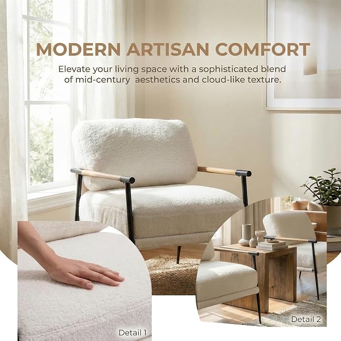 DUOMAY Mid-Century Modern Accent Chair, Comfy Sherpa Sofa Lounge Chair Reading Corner Chair for Living Room Bedroom Office, Mid-Back Arm Chair with Black Metal Leg, White