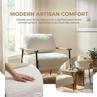 DUOMAY Mid-Century Modern Accent Chair, Comfy Sherpa Sofa Lounge Chair Reading Corner Chair for Living Room Bedroom Office, Mid-Back Arm Chair with Black Metal Leg, White