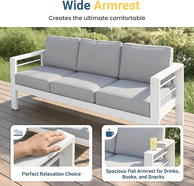Wisteria Lane Aluminum Outdoor Sofa, 3 Pieces Patio Couch All-Weather Rust-Proof Modern Metal Patio Furniture with 5" Thick Olefin Cushions, Light Grey