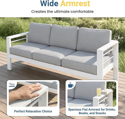 Wisteria Lane Aluminum Outdoor Sofa, 3 Pieces Patio Couch All-Weather Rust-Proof Modern Metal Patio Furniture with 5" Thick Olefin Cushions, Light Grey