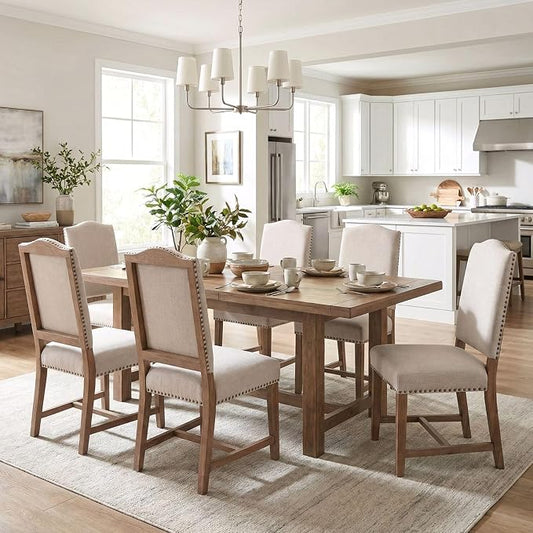 ROCITY Linen Dining Chairs Set of 6 Beige Upholstered Dining Room Chairs Farmhouse Kitchen Side Chairs with Wooden Legs&Nailhead Trim