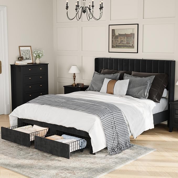 GAOMON Queen Size Upholstered Platform Bed Frame with 2 Under-Bed Storage Drawers, Velvet Wingback Headboard, No Box Spring Needed, Sturdy & Noise-Free,
