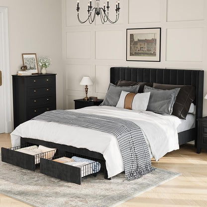 GAOMON Queen Size Upholstered Platform Bed Frame with 2 Under-Bed Storage Drawers, Velvet Wingback Headboard, No Box Spring Needed, Sturdy & Noise-Free,