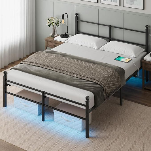 Full Size Bed Frame with Headboard - Metal Platform Bed with LED Lights, Charging Station, Under Bed Storage and Heavy Duty Steel Slats Support - No Box Spring Needed, Easy Assembly, Black