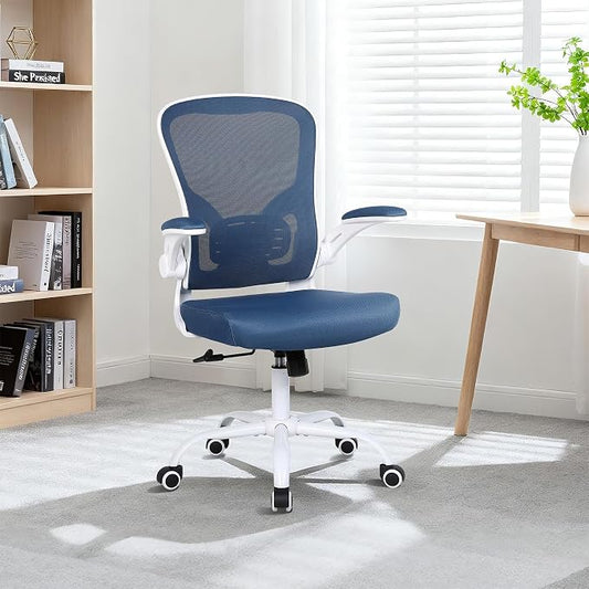 Flysky Mesh Office Chair, Ergonomic Computer Desk Chairs for Home Office - with Comfy/Comfortable Flip-up Arm Rests, Lumbar Support, Height Adjustable, 360 Degree Rolling Swivel (Blue)