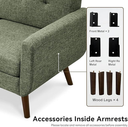 Tbfit 65" W Loveseat Sofa, Mid Century Modern Couches Love Seats for Living Room, Button Tufted Upholstered Small Couch for Bedroom, Solid and Easy to Install Love Seats Furniture, Green