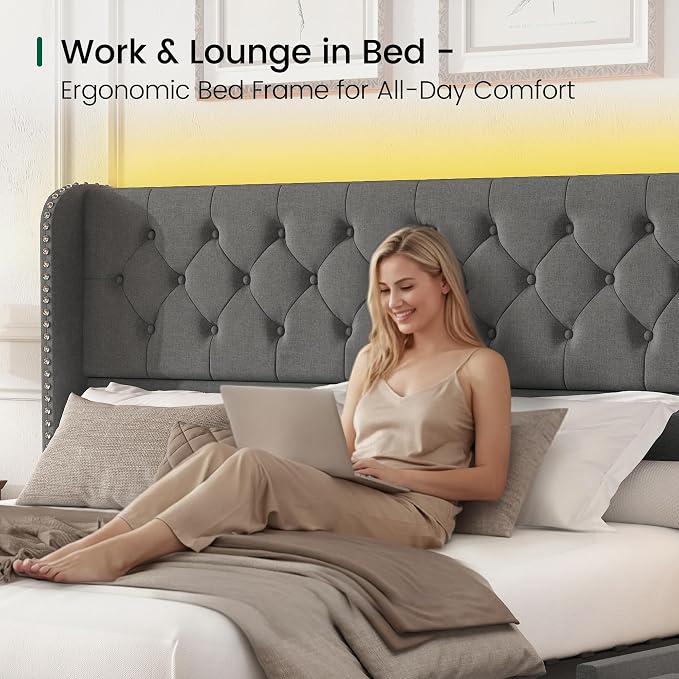 LARMACE King Size Bed Frame with LED Lights and 4 Storage Drawers Linen Upholstered Platform Bed Frame with 47.2" Tall Tufted Headboard Wingback, No Box Spring Needed, Easy to Assemble, Grey