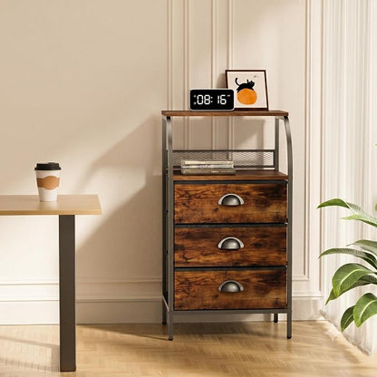 Night Stand Set 2, Tall Nightstand with 3 Fabric Drawers, Bedside Table with 2-Tier Wood Shelf, End Table for Bedroom, Steel Frame, Wood Top, Rustic Brown
