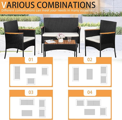 Shintenchi 4-Piece Patio Furniture Set, Outdoor Wicker Patio Conversation Furniture Set with Cushions and Wooden Tabletop for Paito Lawn Backyard Pool Garden, Black Rattan