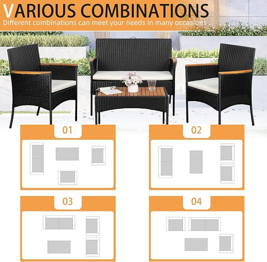 Shintenchi 4-Piece Patio Furniture Set, Outdoor Wicker Patio Conversation Furniture Set with Cushions and Wooden Tabletop for Paito Lawn Backyard Pool Garden, Black Rattan
