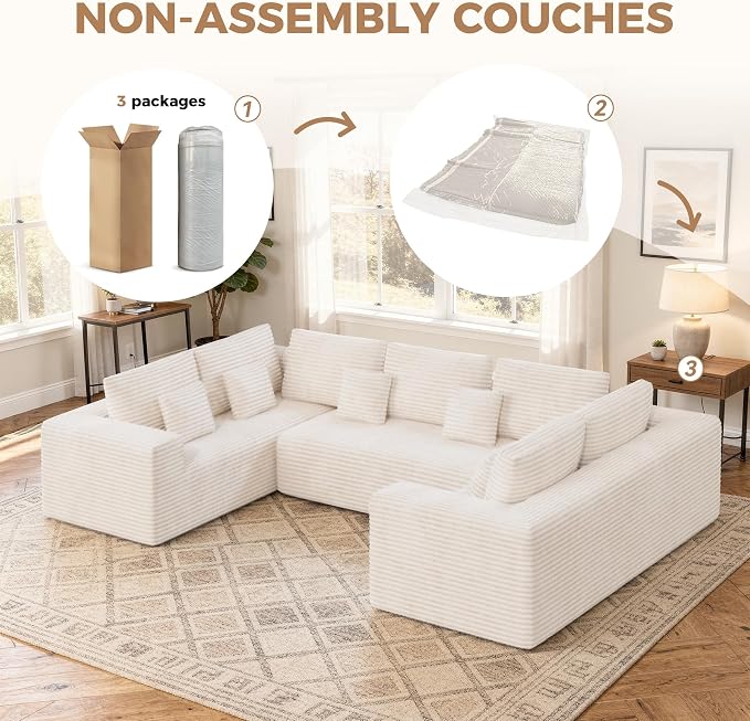 Luxanimarion 136'' Large Sectional Cloud Couches with Chaise, U Shaped Boneless Loveseat Sofa, No Assembly Required Deep Seat Modular Lounge for Living Room 3PCS Set, Bedroom(Beige)