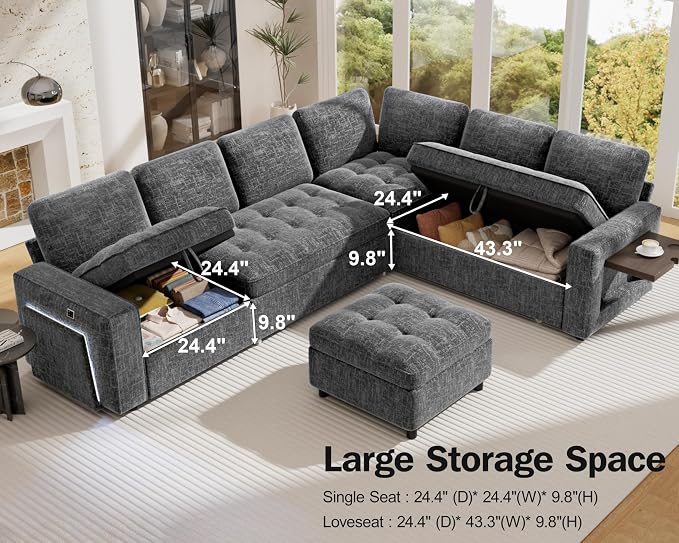 Vipbear 7 Seat L Shaped Modular Sectional Sleeper Sofa Bed with Ottoman/Pull Out Bed/Reclining Backrest/USB Ports/Table/LED Light/Storage Seat, Tool-Free Assembly, Dark Grey