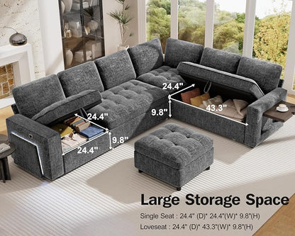 Vipbear 7 Seat L Shaped Modular Sectional Sleeper Sofa Bed with Ottoman/Pull Out Bed/Reclining Backrest/USB Ports/Table/LED Light/Storage Seat, Tool-Free Assembly, Dark Grey