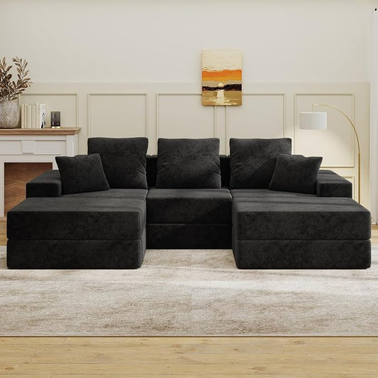 Living&Giving 101" U-Shaped Cloud Sectional Couch for Living Room, Cloud Boneless Couch-No Assembly with Reversible Chaise, Customizable 3-Seat Modular Sectional Sofa with 2 Ottoman, Black