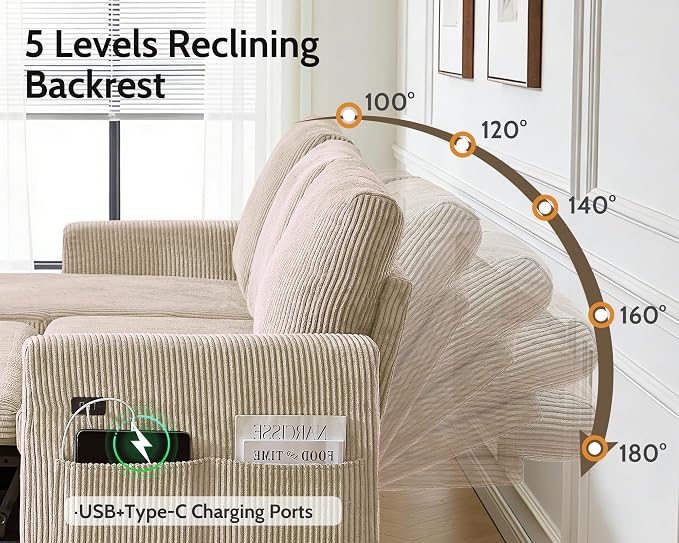 WEUP 106" U Shaped Sectional Sleeper Sofa Bed with Pull Out Bed, Sectional Sleeper Couch Pull Out Couch with Reclining Backrest/Reversible Storage Chaise/USB Ports/Tool-Free Assembly, Corduroy Beige