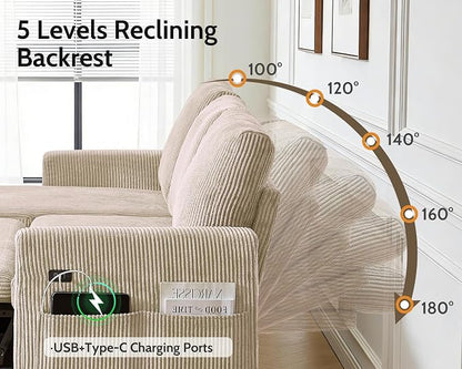 WEUP 82" L Shaped Sectional Sleeper Sofa Bed with Pull Out Bed, Sectional Sleeper Couch Pull Out Couch with Reclining Backrest/Reversible Storage Chaise/USB Ports/Tool-Free Assembly, Corduroy Beige