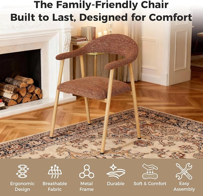 DUMOS Dining Chairs Set of 4, Linen Fabric Upholstered Kitchen Side Chairs with Curved Backrest & Metal Legs, Modern Farmhouse Accent Chair for Dining Room Kitchen Living Room Cafe, Orange