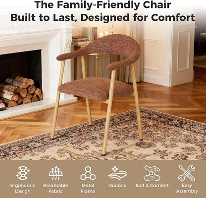 DUMOS Dining Chairs Set of 2, Linen Fabric Upholstered Kitchen Side Chairs with Curved Backrest & Metal Legs, Modern Farmhouse Accent Chair for Dining Room Kitchen Living Room Cafe, Orange