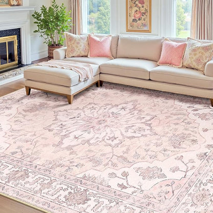 RELEANY Area Rugs 7'x10' Washable Non-Slip, Floral Vintage Distress Medallion Carpet for Living Room Bedroom Dining Room, Pink Greypink Cute