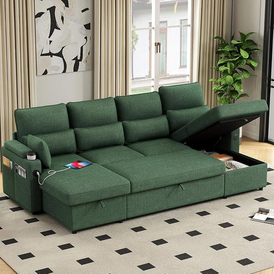 104.7" U-Shaped Sectional Sofa Couch, Pull-Out Sleeper Sofa Bed with Storage Chaise, Double Cup Holders, Dual USB Charging Ports, Couches for Living Room Apartment