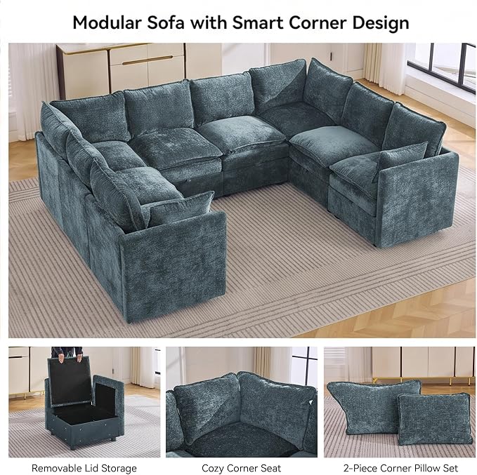 105" Blue Oversized Modular Storage Sofa, U Shaped Chenille Cloud Couch | Oversized Convertible Sectional Sofa, 8-Seat Sectional Couch With Armrests, Large Cloud Couch For Living Room, Apartment.