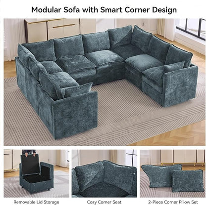 105" Blue Oversized Modular Storage Sofa, U Shaped Chenille Cloud Couch | Oversized Convertible Sectional Sofa, 8-Seat Sectional Couch With Armrests, Large Cloud Couch For Living Room, Apartment.