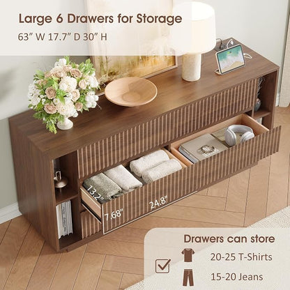 Whalefall 63 Inch Fluted 6 Drawers Dresser with Shelves, Walnut | Large Chest of Drawers for Bedroom, Mid Century Modern, Wood Closet Storage Organizer, Pedestal TV Stand for Living Room
