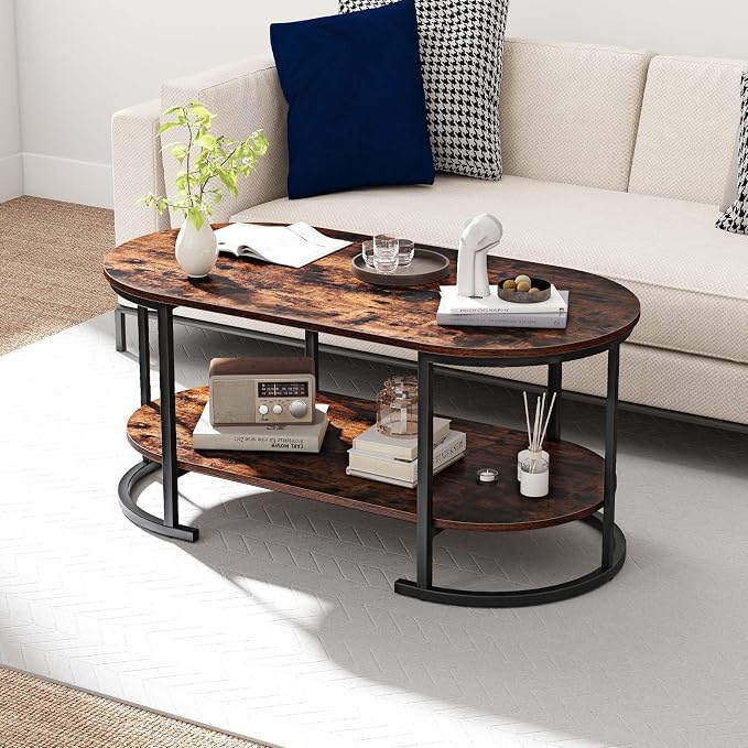Giantex 2-Tier Coffee Table, Oval Center Table with Wood Grain Top & Open Storage Shelf, Modern Accent Table with Heavy Duty Metal Frame, Cocktail Table for Living Room Reception (Rustic Brown)