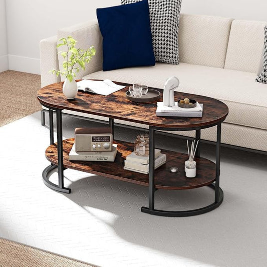 Giantex 2-Tier Coffee Table, Oval Center Table with Wood Grain Top & Open Storage Shelf, Modern Accent Table with Heavy Duty Metal Frame, Cocktail Table for Living Room Reception (Rustic Brown)