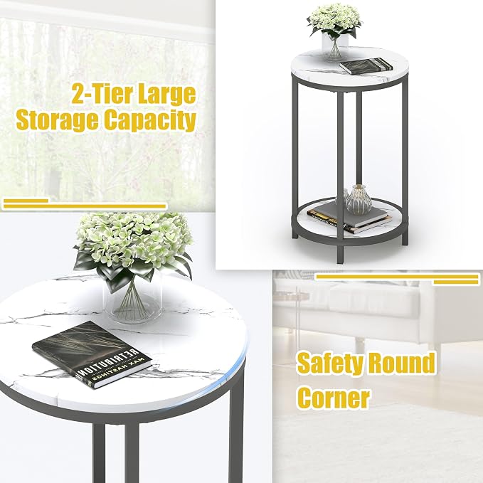 WiberWi Round Side Table, Modern Nightstand End Table with Metal Frame &Faux Marble Top, Accent Bedside Table for Living Room Bedroom Small Spaces with Storage Open Shelf, White