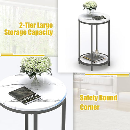 WiberWi Round Side Table, Modern Nightstand End Table with Metal Frame &Faux Marble Top, Accent Bedside Table for Living Room Bedroom Small Spaces with Storage Open Shelf, White