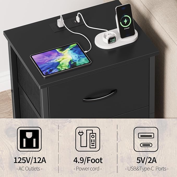 Vagusicc Nightstand Set of 2 with Charging Station, End Table Bedside Table with Power Outlet & USB Ports, Side Table with 2 Fabric Drawers for Bedroom, Living Room, Black