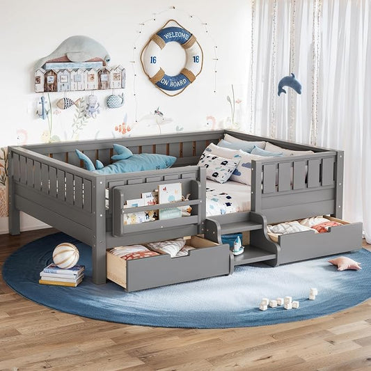 Bellemave Full Size Kids Montessori Bed with Stairs and Bookshelf,Solid Wood Full Size Kids Bed Frame with Drawers and Storage for Girls Boys,Low-Profile,Gray