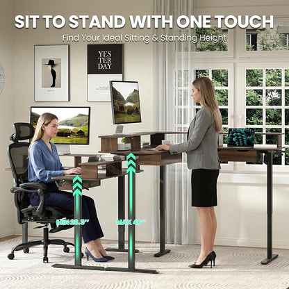MALOL 59" L Shaped Electric Standing Desk with Drawers, Height Adjustable Desk with Power Outlets & LED Lights, Monitor Stand, Corner Computer Desk for Home Office, Walnut