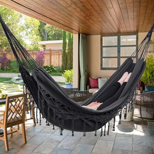 Double Boho Macrame Hammock with Elegant Tassels for Patio, Yard, Beach Wedding Decor, Outdoor and Indoor Up to 450lbs Include Tie Ropes and Drawstring Bag （Dark Grey）