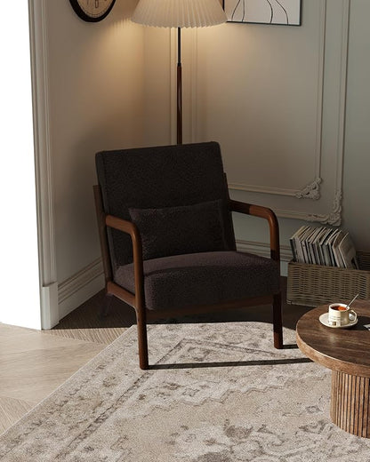 Garvee Mid-Century Modern Accent Chair, Sherpa Upholstery, Solid Wood Armchair with Removable Lumbar Pillow, Sturdy Reading Chair for Living Room, Bedroom, Guest Room, Easy Assembly, Brown